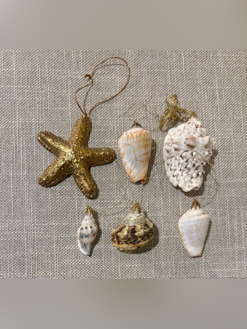 Vintage Real Seashell & Gilded Starfish Christmas Ornaments Set of 6 Coastal